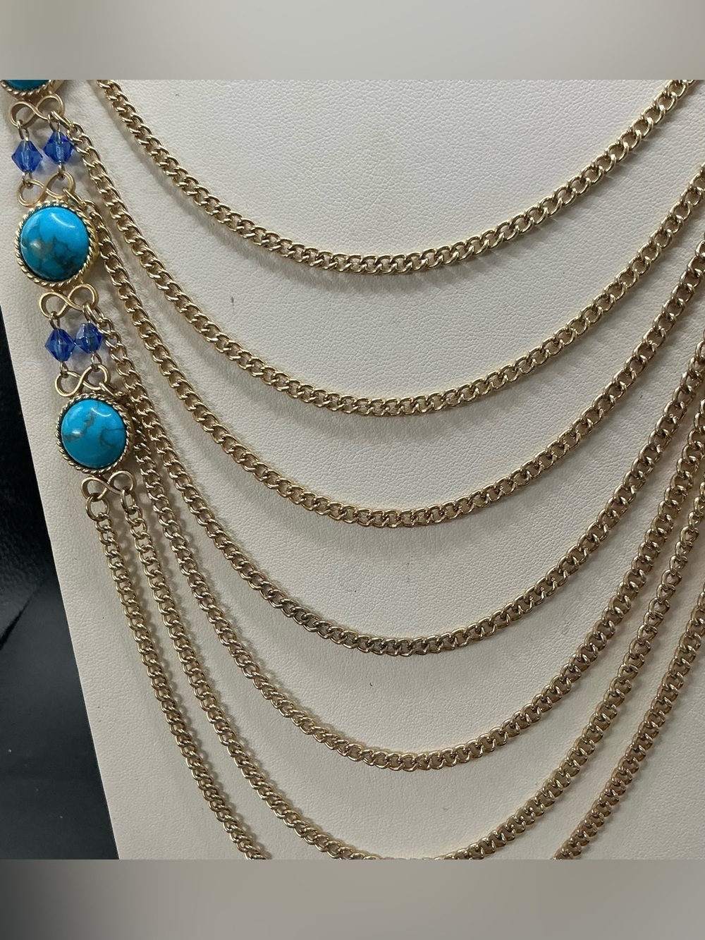 SPRING STREET LAYERED GOLD TONE CHAIN NECKLACE FAUX TURQUOISE BLUE BEAD ACCENTS - Picture 3 of 4